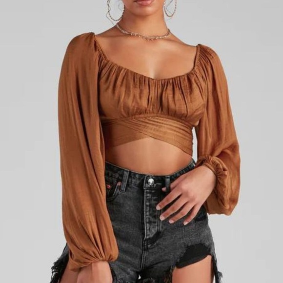 Windsor crop top long ballon sleeves silky brown size s - Picture 1 of 6